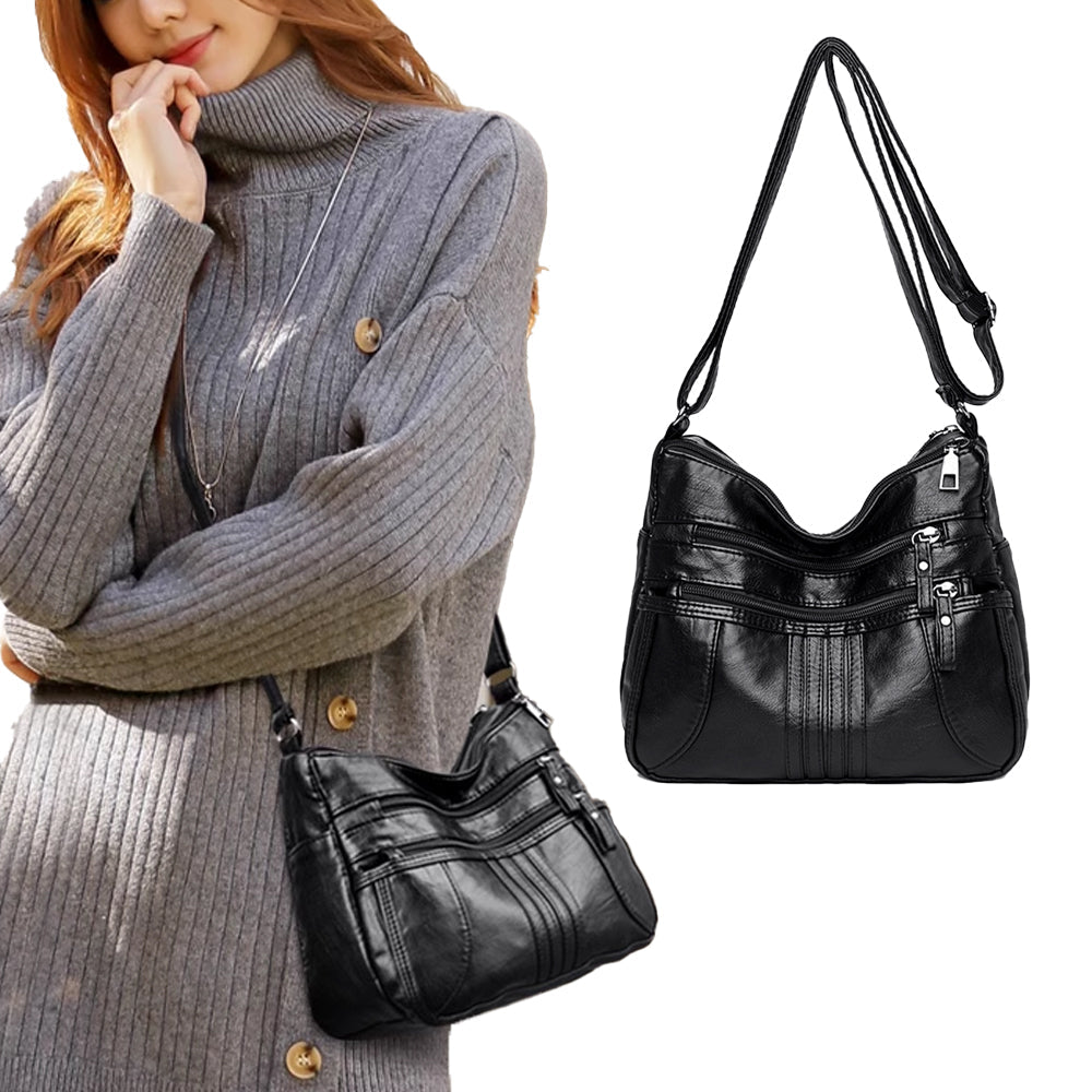 Women Multi Pocket Crossbody Bag Ladies Shoulder Bag PU Leather Mommy Bag Black