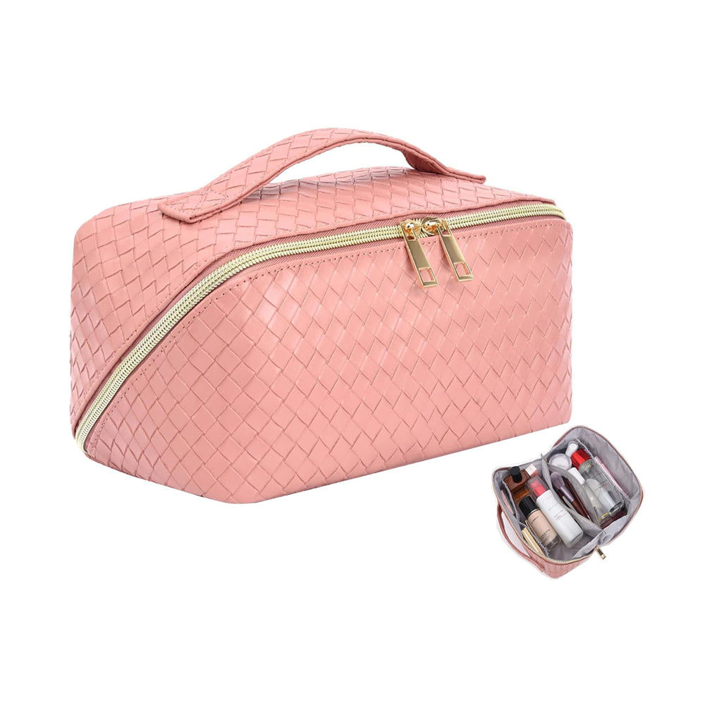 Makeup Bag Large Capacity Travel Cosmetic Bag Portable PU Leather Makeup Bag Organizer Pink