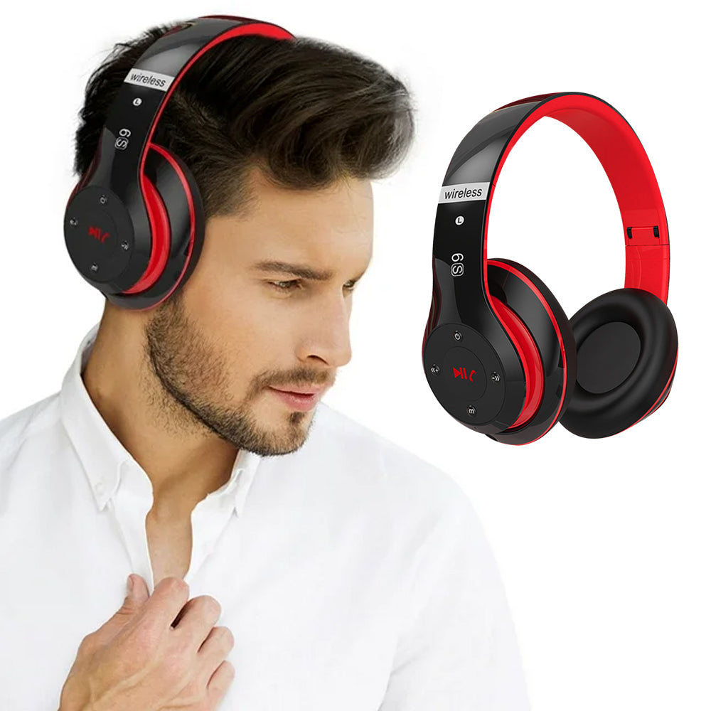 Wireless Bluetooth Headphones Foldable Over Ear Stereo Headsets with Built-in Mic Red