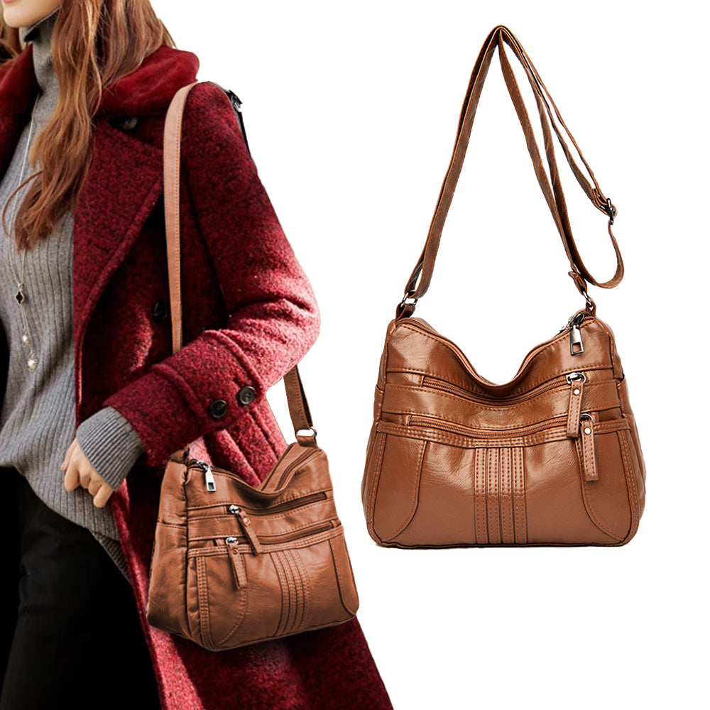 Women Multi Pocket Crossbody Bag Ladies Shoulder Bag PU Leather Mommy Bag Brown
