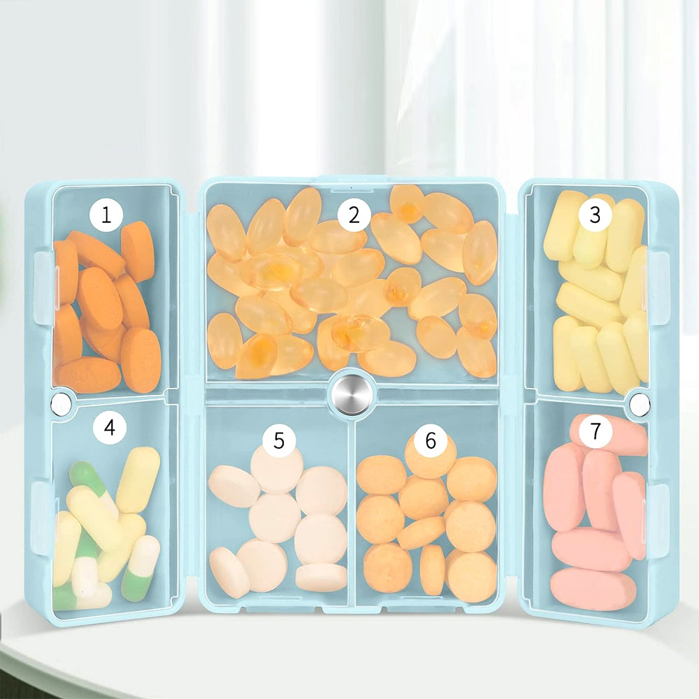 7-Compartment Folding Pill Case Portable Travel Daily Pill Organizer Blue