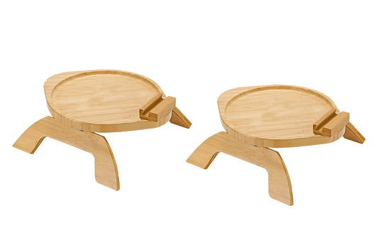 2pcs Bamboo Foldable Clip On Sofa Armrest Tray with Phone Holder-Round