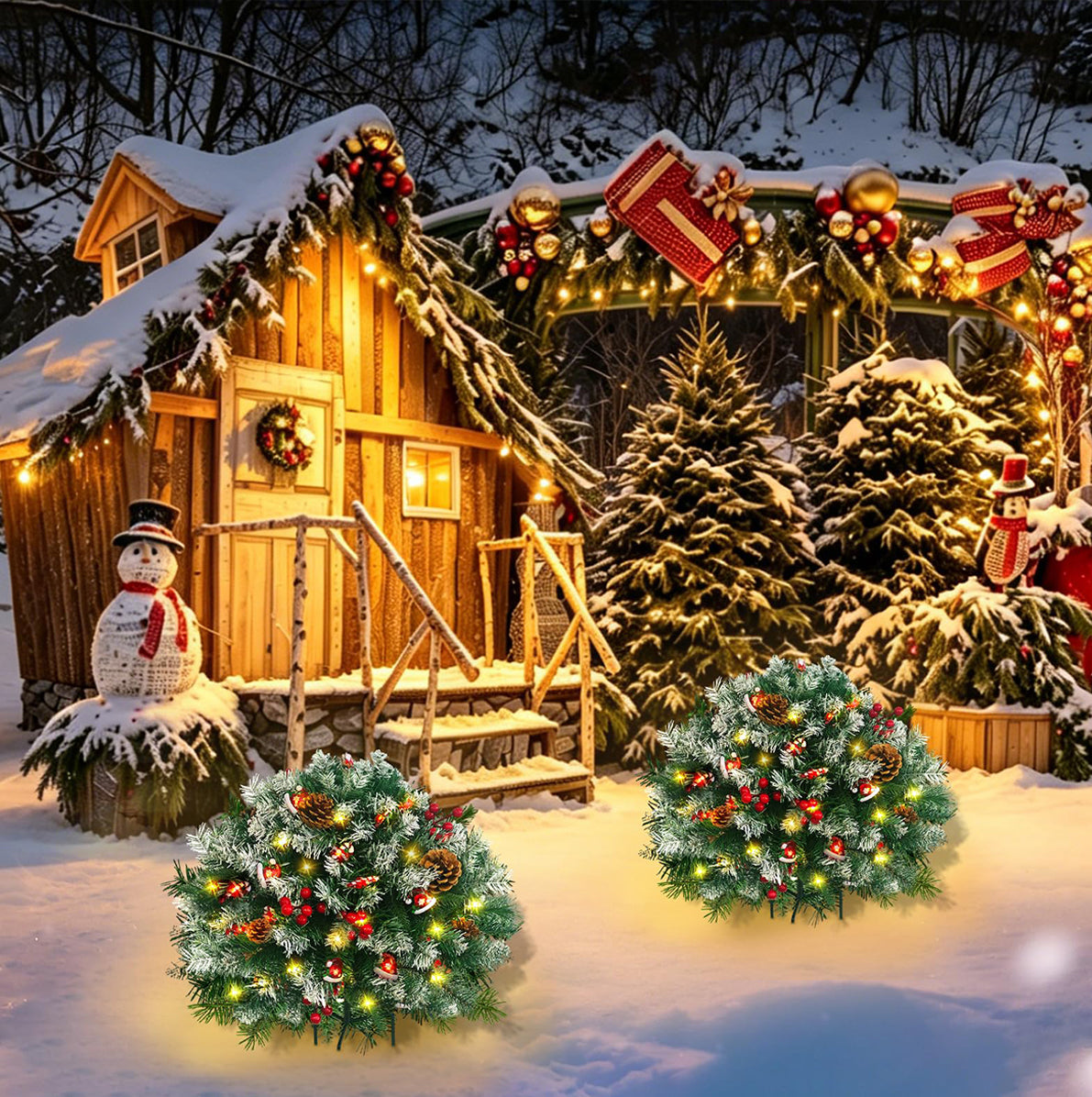 Battery Lit Artificial Pine Christmas Planter Stake for Outdoor Decor
