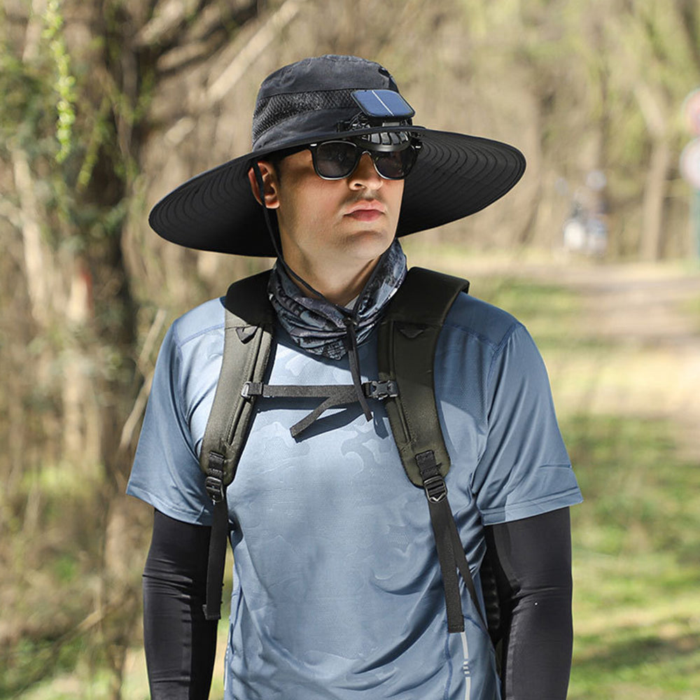 Wide Brim Sun Hat with 2 Solar Fan Sun Bucket Hat for Fishing Camping Hiking  Black