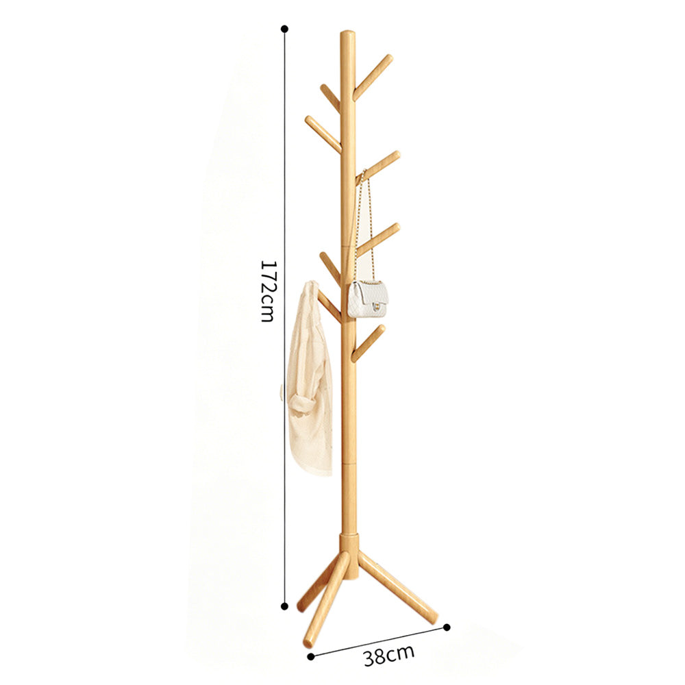 Solid Wood Freestanding Coat Rack with 8 Hooks Tripod Base for Bedroom Entryway-Natural Wood