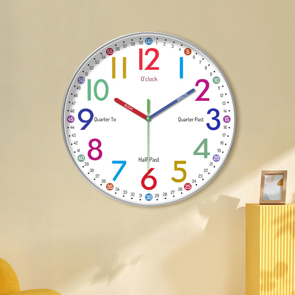 12-Inch Learning Wall Clock for Kids Silent Clock Battery Operated Colorful Teaching Time Clock Style 1