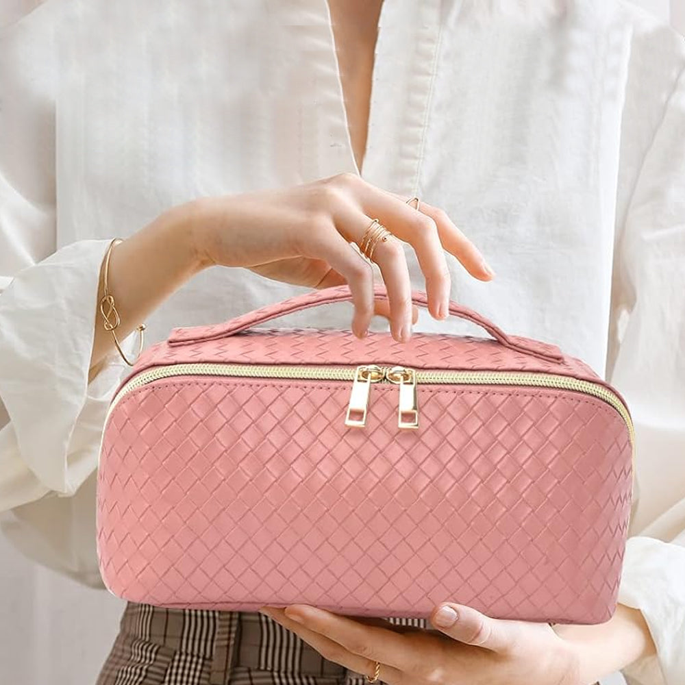 Makeup Bag Large Capacity Travel Cosmetic Bag Portable PU Leather Makeup Bag Organizer Pink
