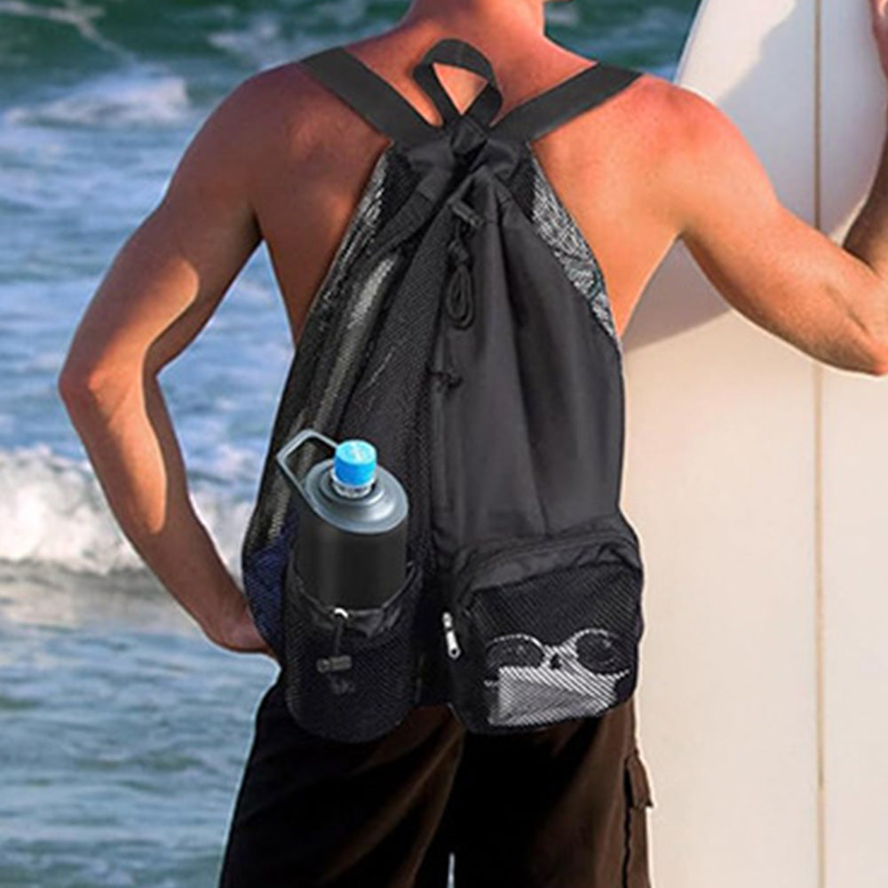Drawstring Swim Bag Mesh Backpack with Wet Pocket for Swimming Gym Workout Black