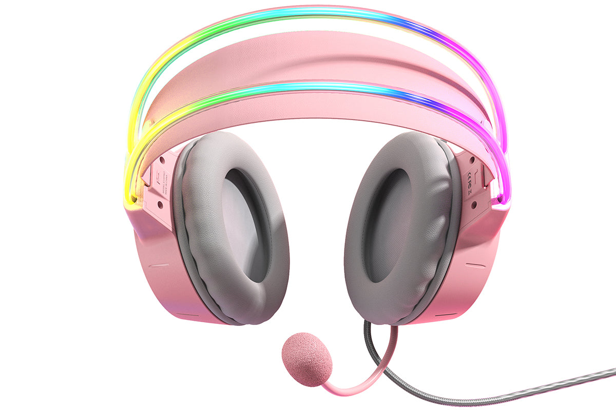 Gaming Headset with Microphone RGB Lighting Wired Over Ear Headphones Surround for PC Laptop PS4 PS5 Xbox Switch -Pink
