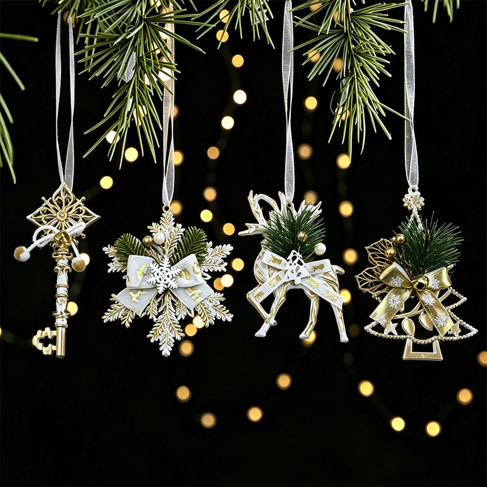 4 Piece Gold Christmas Snowflake Deer Tree and Key Hanging Ornament Set