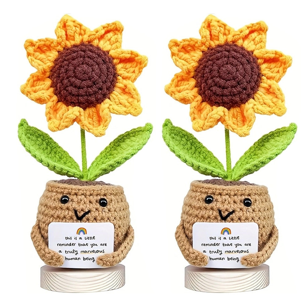 2Pcs Handcrafted Sunflower Doll Soft Acrylic Fabric Yarn Decor with Motivational Card