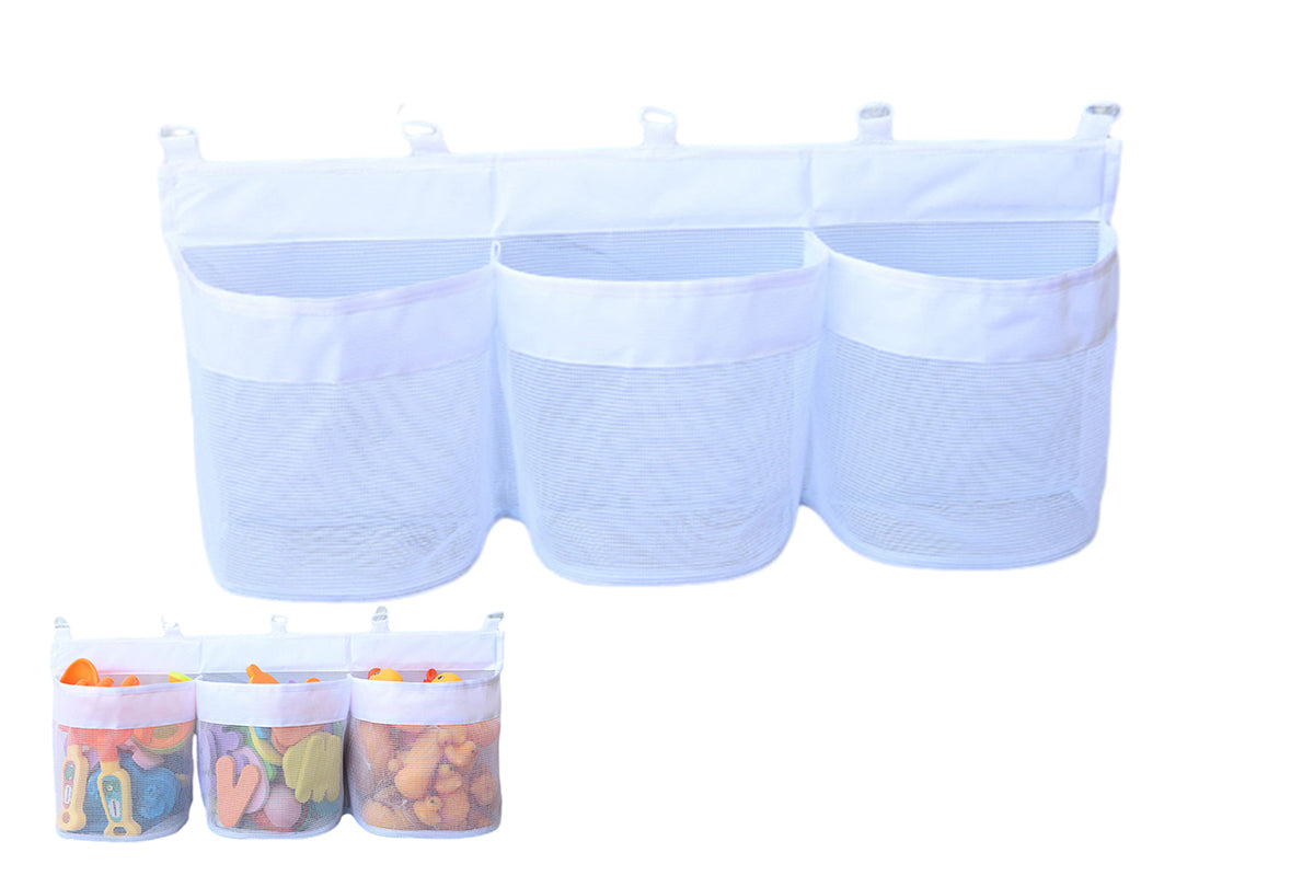 3 Compartment Horizontal Large Openings Bath Toy Organizer Hanging Mesh Shower Organizer