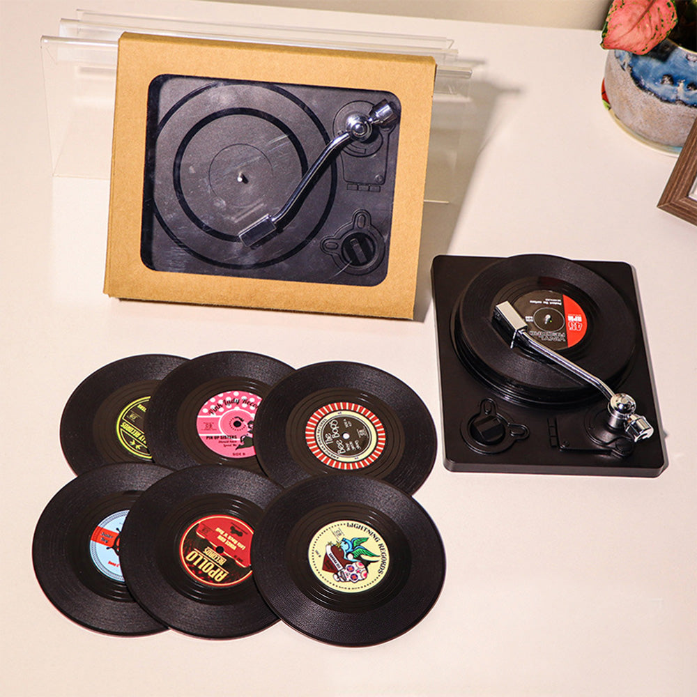Retro Vinyl Record Coaster Set 6 Pcs with Record Player Stand Gift - Pink