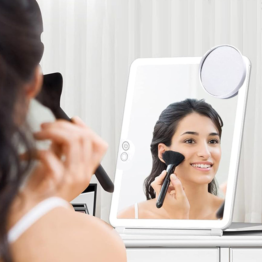 Dimming Folding Lighted Makeup Mirror Rechargeable Vanity Mirror with 10X Magnifying Mirror Whtie
