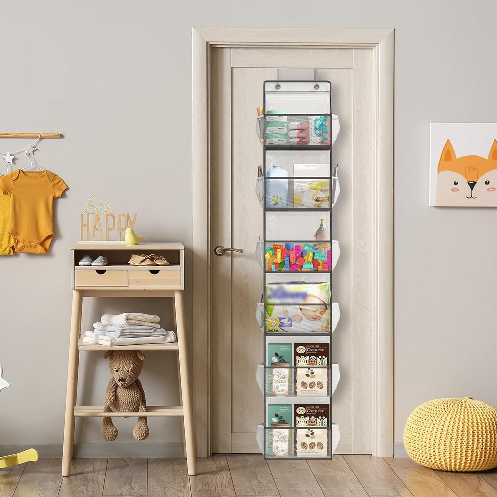 6-Shelf Over The Door Hanging Pantry Organizer Room Storage Organizer with Clear Pockets Gray