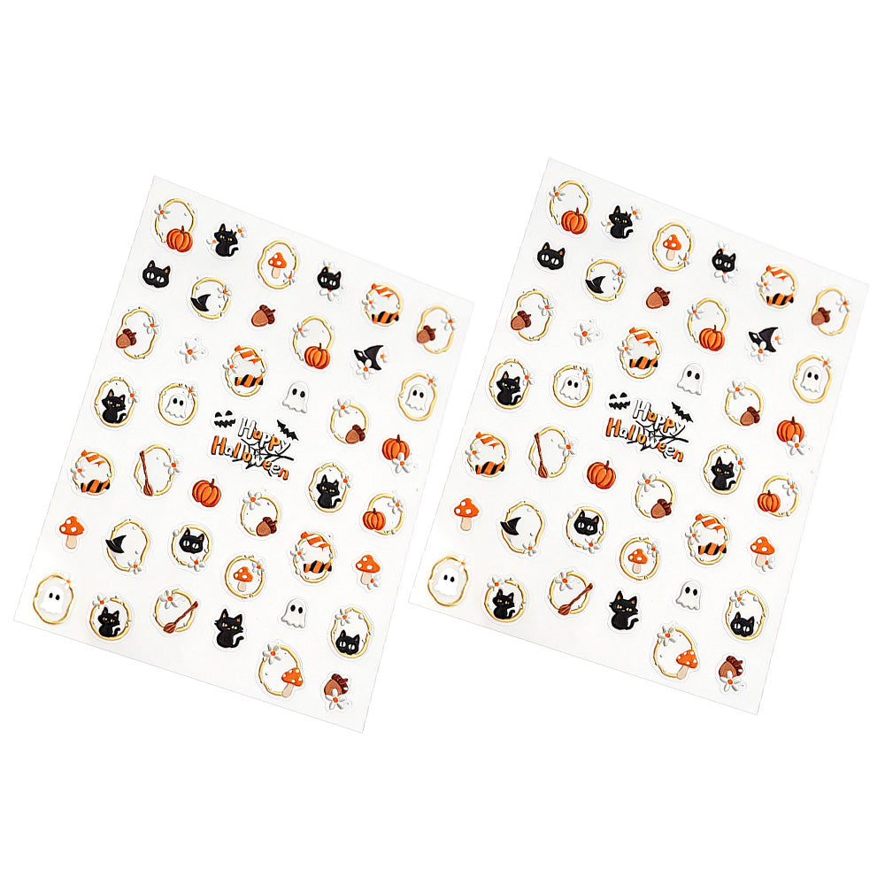 2 Sheets Halloween Nail Art Stickers Self-Adhesive Nail Decals with Pumpkin Cat Ghost Designs