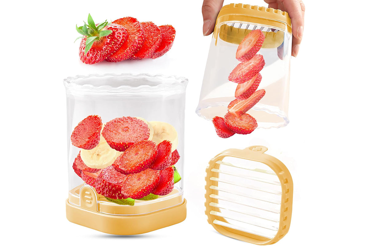 2-in-1 Kitchen Fruit Slicer Cup with Removable Blade and Push Plate for Strawberry Banana -Yellow