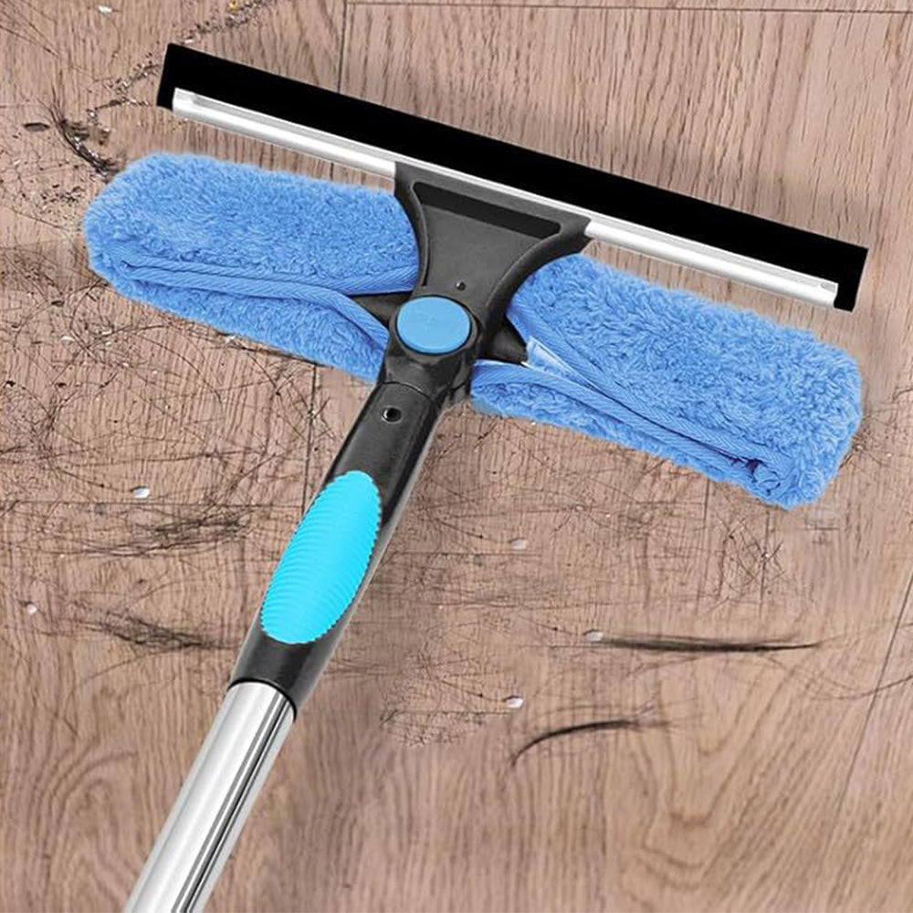 2-in-1 Extendable Window Squeegee Cleaner Tool Rotating Scrubber with 2 Replacement Cloths Blue