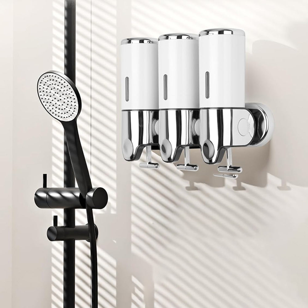 3-Chamber Shower Soap Dispenser Wall-Mounted Shampoo and Conditioner Dispenser with Visible Window White