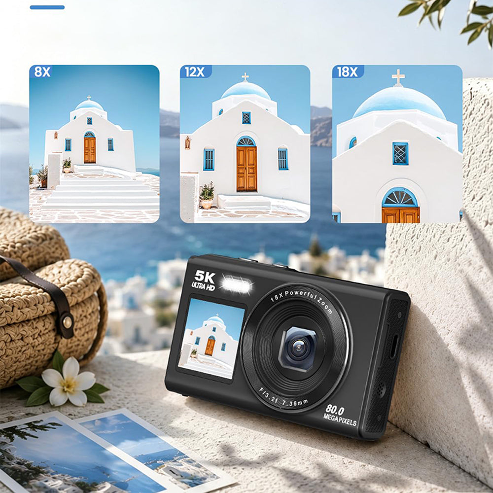 5K HD Dual Screen Selfie Digital Camera 80MP Photography Camera - Black