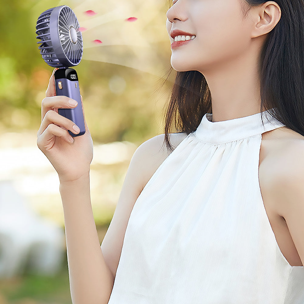3-in-1 5 Speed USB Handheld Fan Mini Folding Digital Display Fan with Lanyard and Base Purple