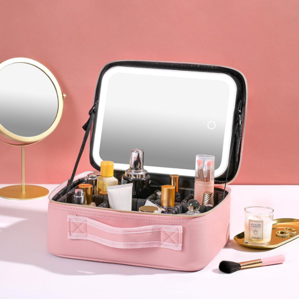 Travel Makeup Bag with Lighted Mirror Cosmetic Train Case with Adjustable Dividers Pink