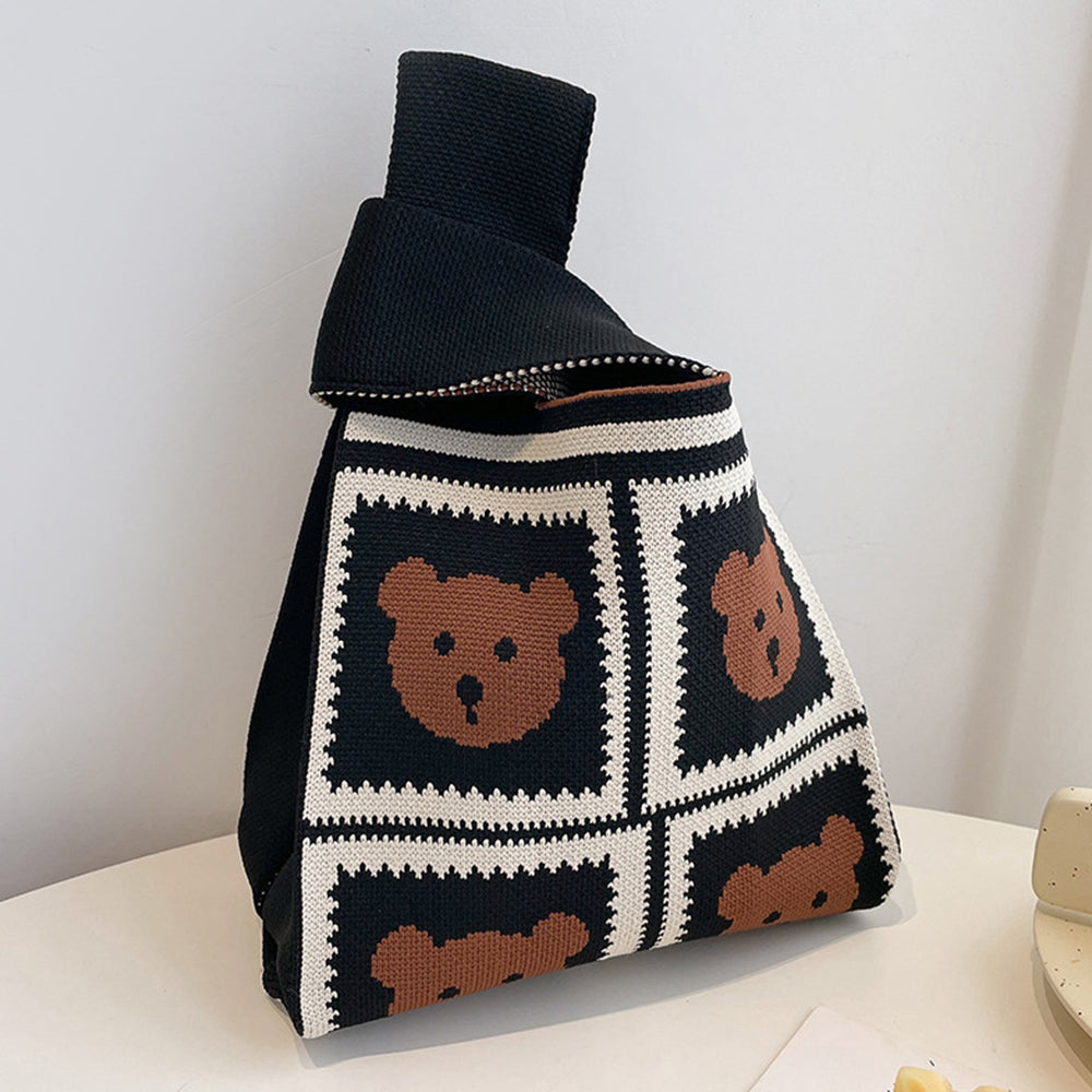 Hooking Tote Bag Small Cute Knot Wristlet Knitted Bag Knitted Wrist Purse Brown Bear