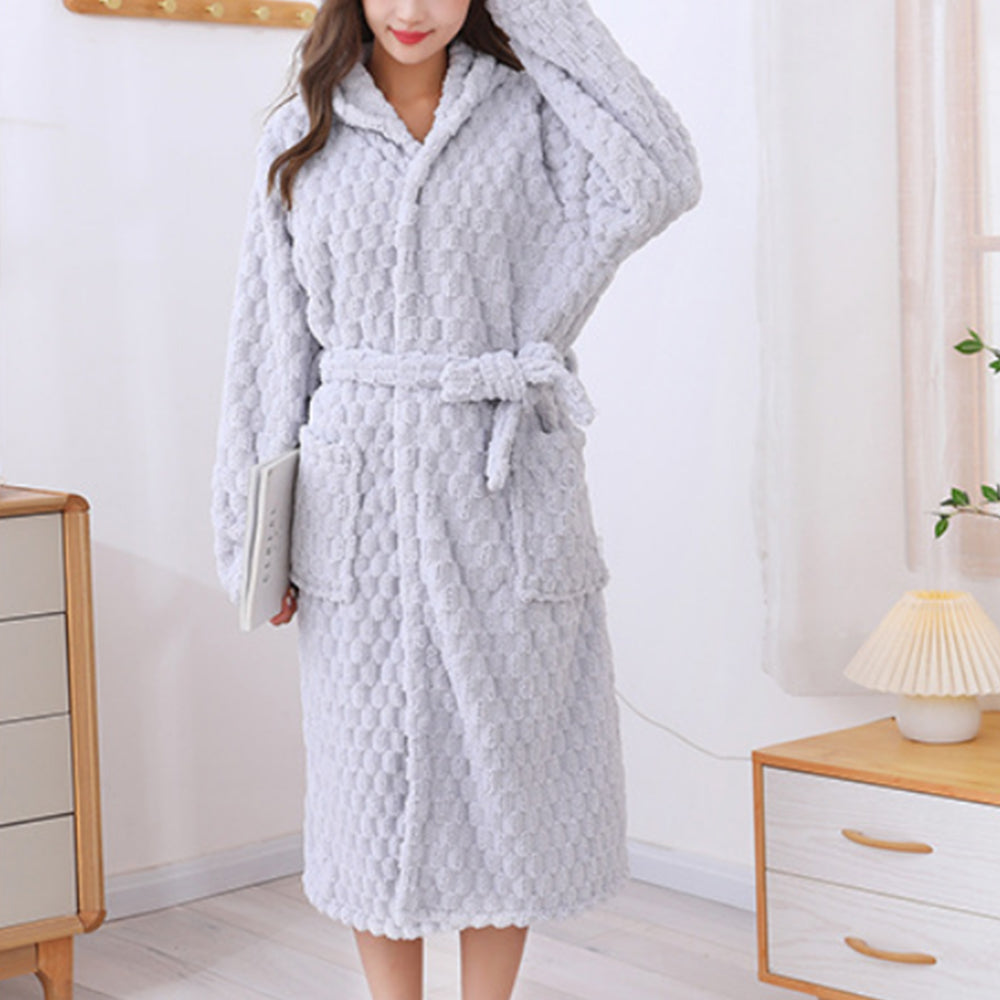 Women Bathrobe Long Winter Warm Wearable Bathrobe Grey