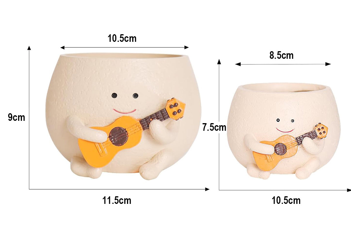 2Pcs Smily Face Planter Pot with Drainage Hole Cute Resin Head Planters Unique Guitar Succulent Pots for Indoor Outdoor Plants Gift-Each of Size