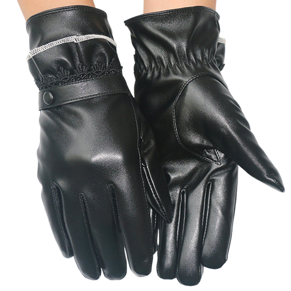 Pair of Women Winter Gloves Touch Screen Driving Warm PU Leather Gloves Style 2