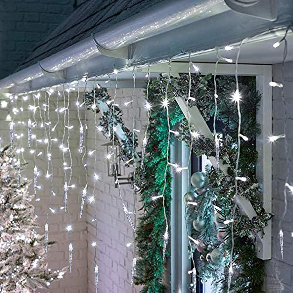 Christmas Icicle Lights Window Curtain Drooping Light String with 8 Modes - White