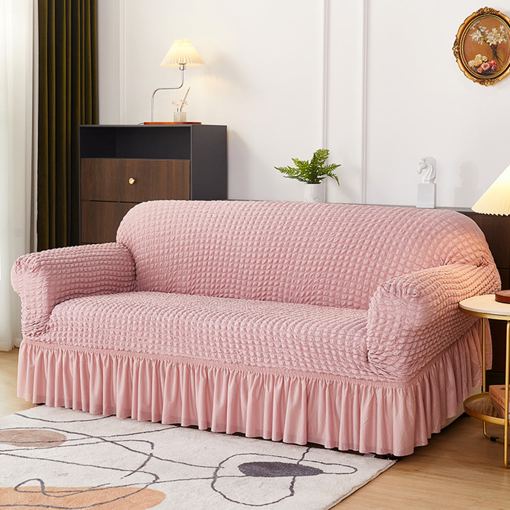 Seersucker Couch Cover with Ruffle Hemline Stretch Sofa Cover -Pink