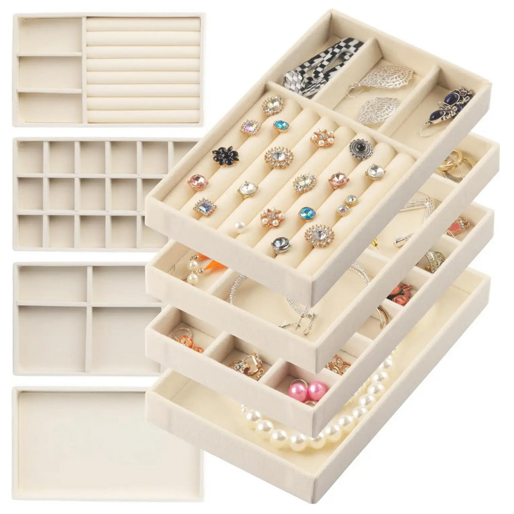 4pcs Stackable Jewelry Organizer Boxes Set for Earrings Rings Necklaces Bracelets-Beige