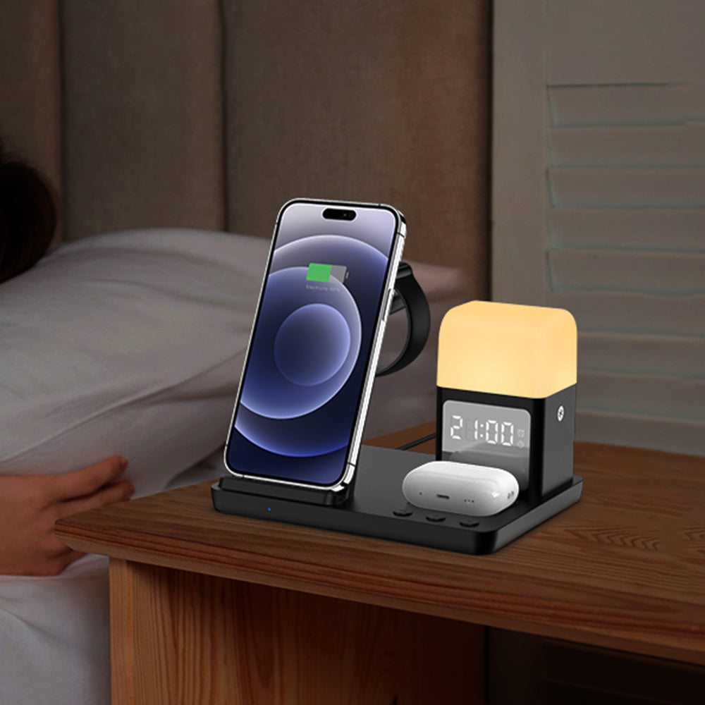 Wireless Charging Station with Alarm Clock Night Light 6-in-1 Charging Dock for Smartphone/Watch/Earbuds