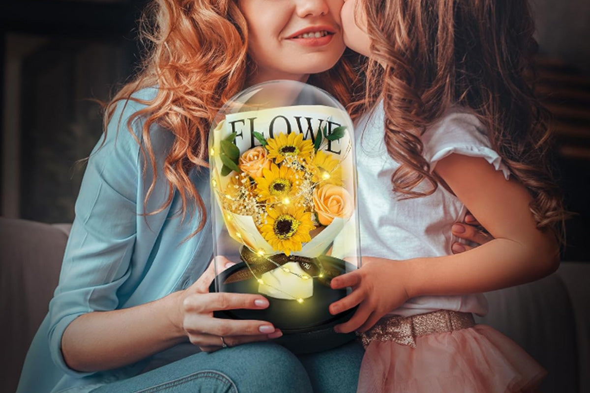 Rose in Glass Dome Handmade Preserved Flower Decoration Dome with Led LightsYellow