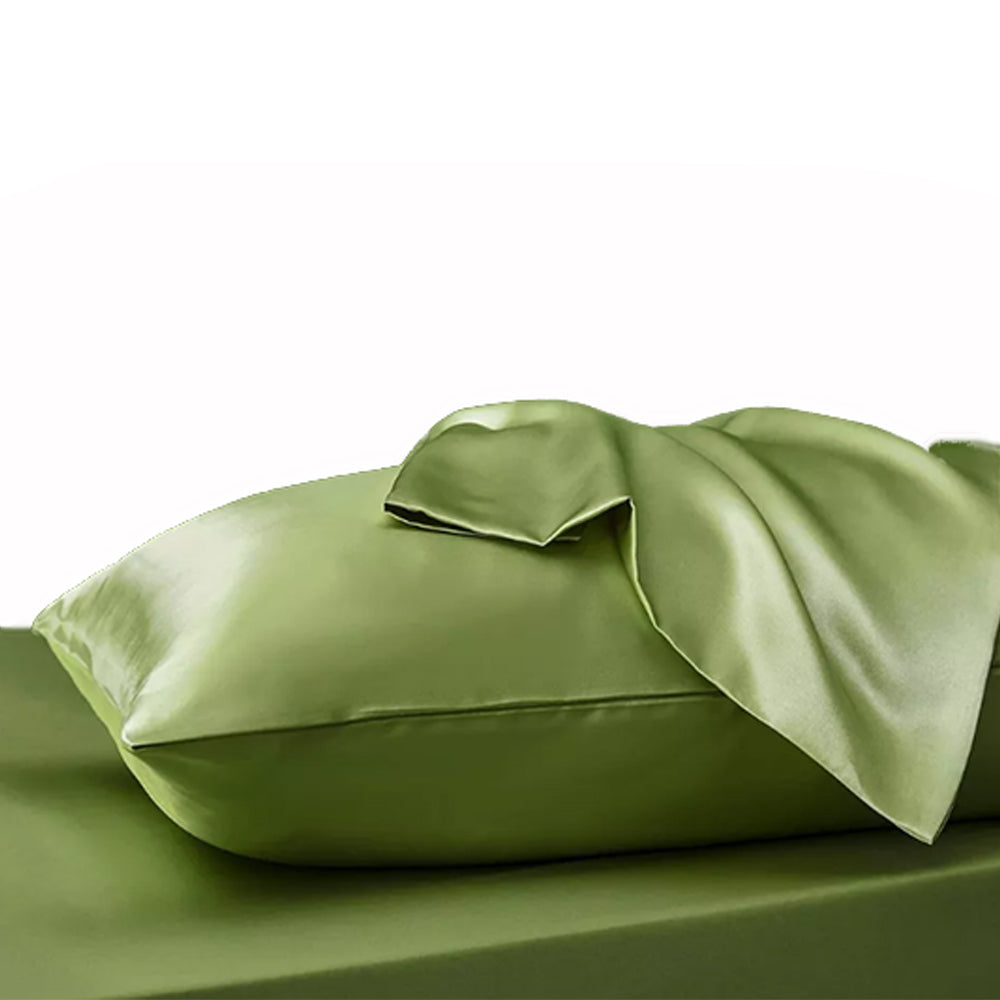 Simulated Silk Standard Pillow Case with Sleeping Bonnet Hair Scrunchy for Hair and Skin Protection Green