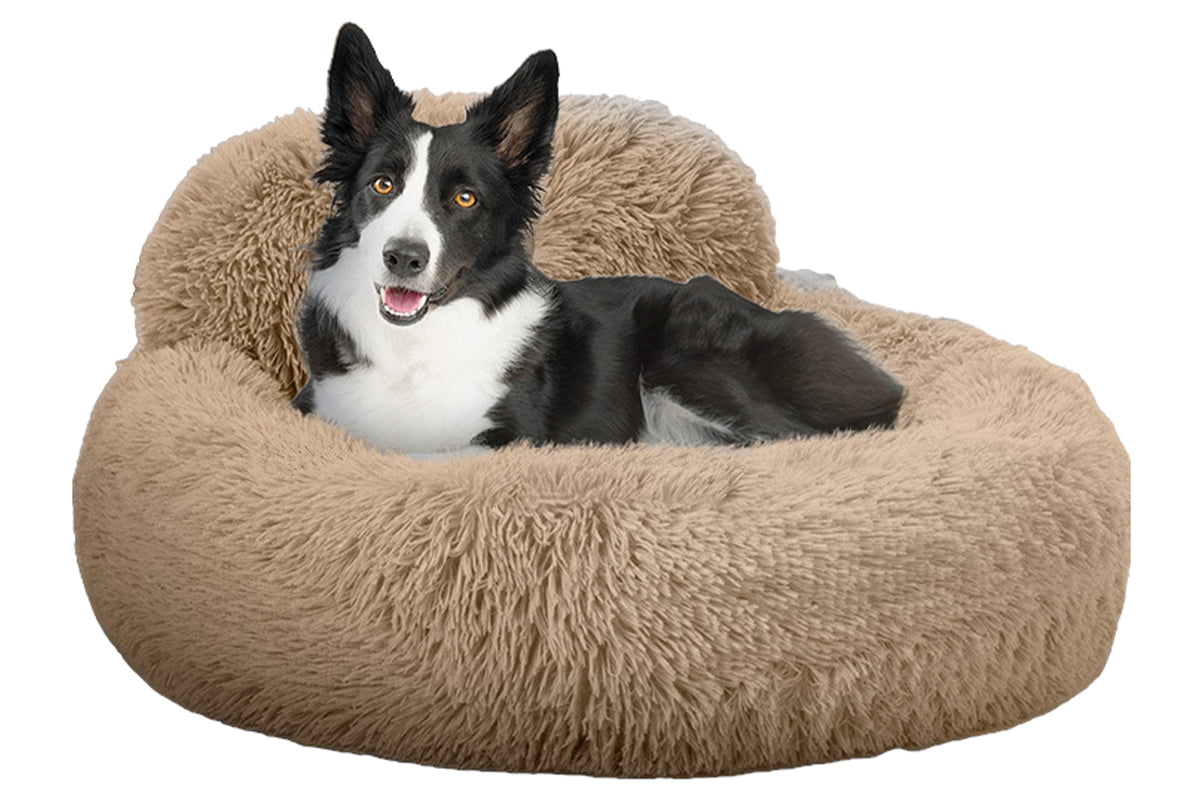 Calming Donut Dog Bed Anti-Slip Fluffy Plush Faux Fur Pet Bed for Most Dogs -Khaki