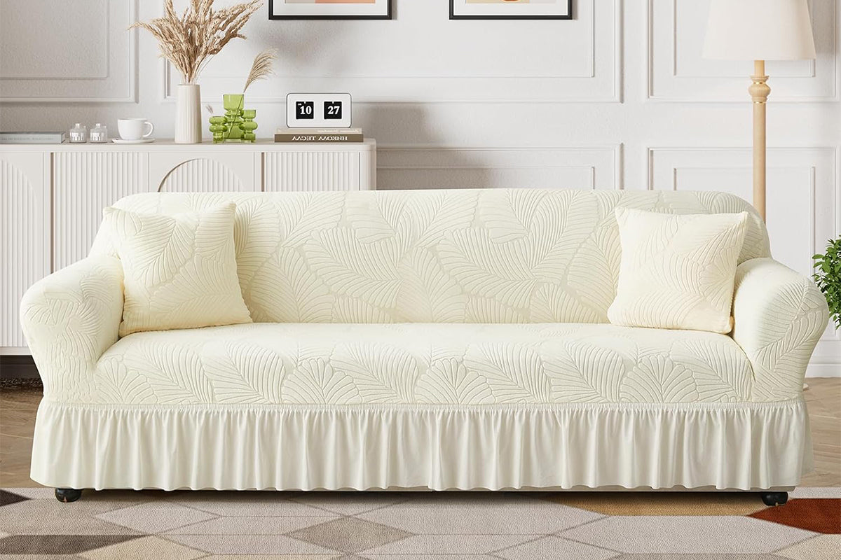Sofa Cover with Skirt Stretch Sofa Slipcover Non-Slip Soft Couch Cover -Beige