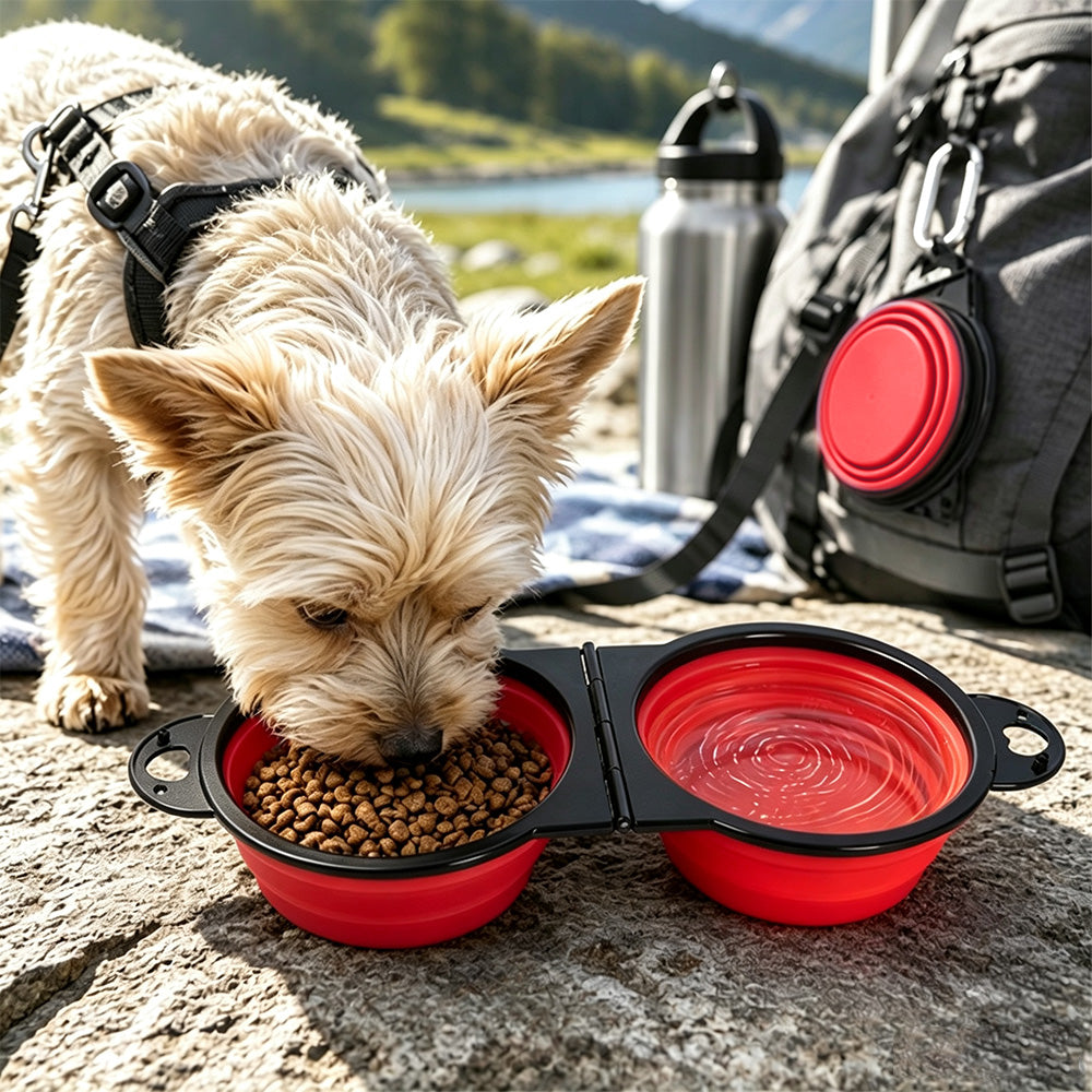 Portable Foldable Dual Pet Bowls for Cats Dogs Outdoor Home Use - Red