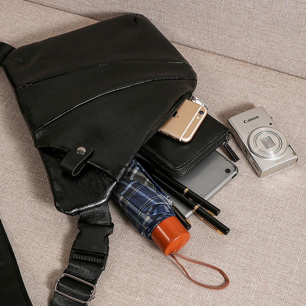 Anti-theft Sling Chest Pack for Men PU Leather Crossbody Shoulder Bag Black