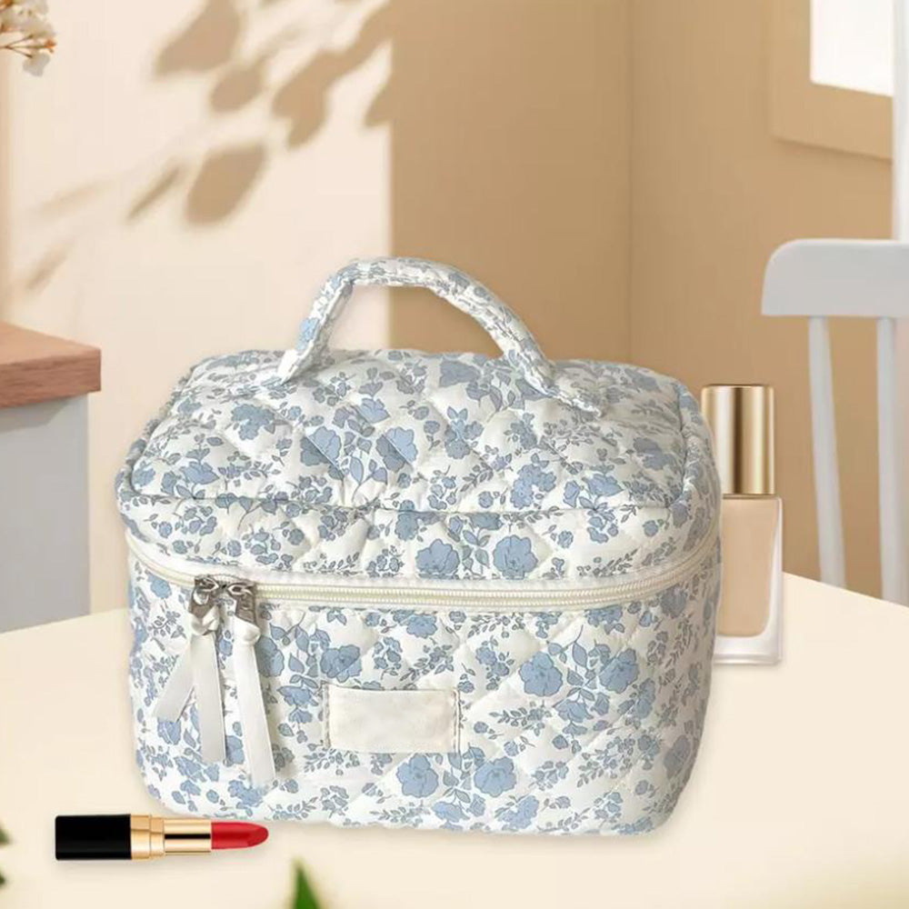 Large Travel Make Up Organizer Bag Floral Cute Cosmetic Bag for Women Girls Aesthetic Toiletry Bag Blue