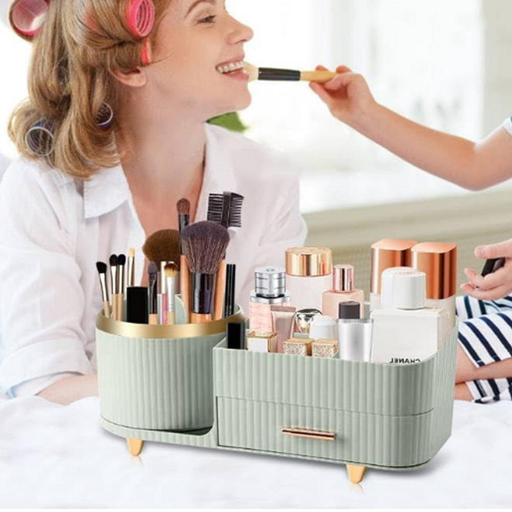 Rotating Makeup Organizer for Vanity with Brush Holder and Drawer Spinning Cosmetic Storage Case Green