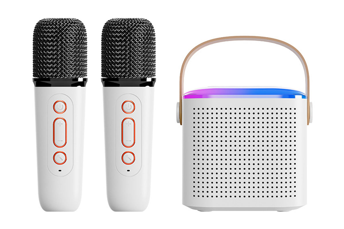 Bluetooth Mini Karaoke Machine Karaoke Speaker with 2 Wireless Microphones and Party Lights for Family Birthday Gifts -White