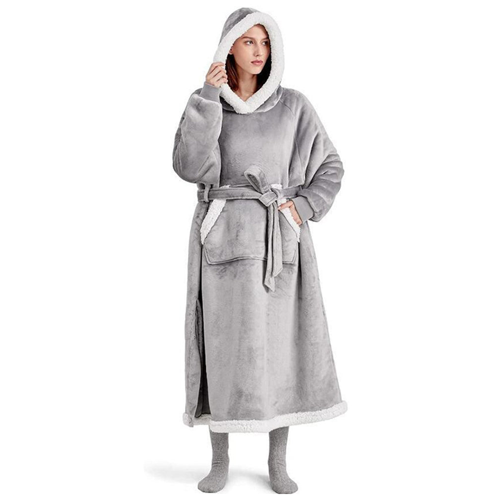 Wearable Hoodie Blanket with Giant Pocket and Waist Belt Long Hooded Blanket Grey
