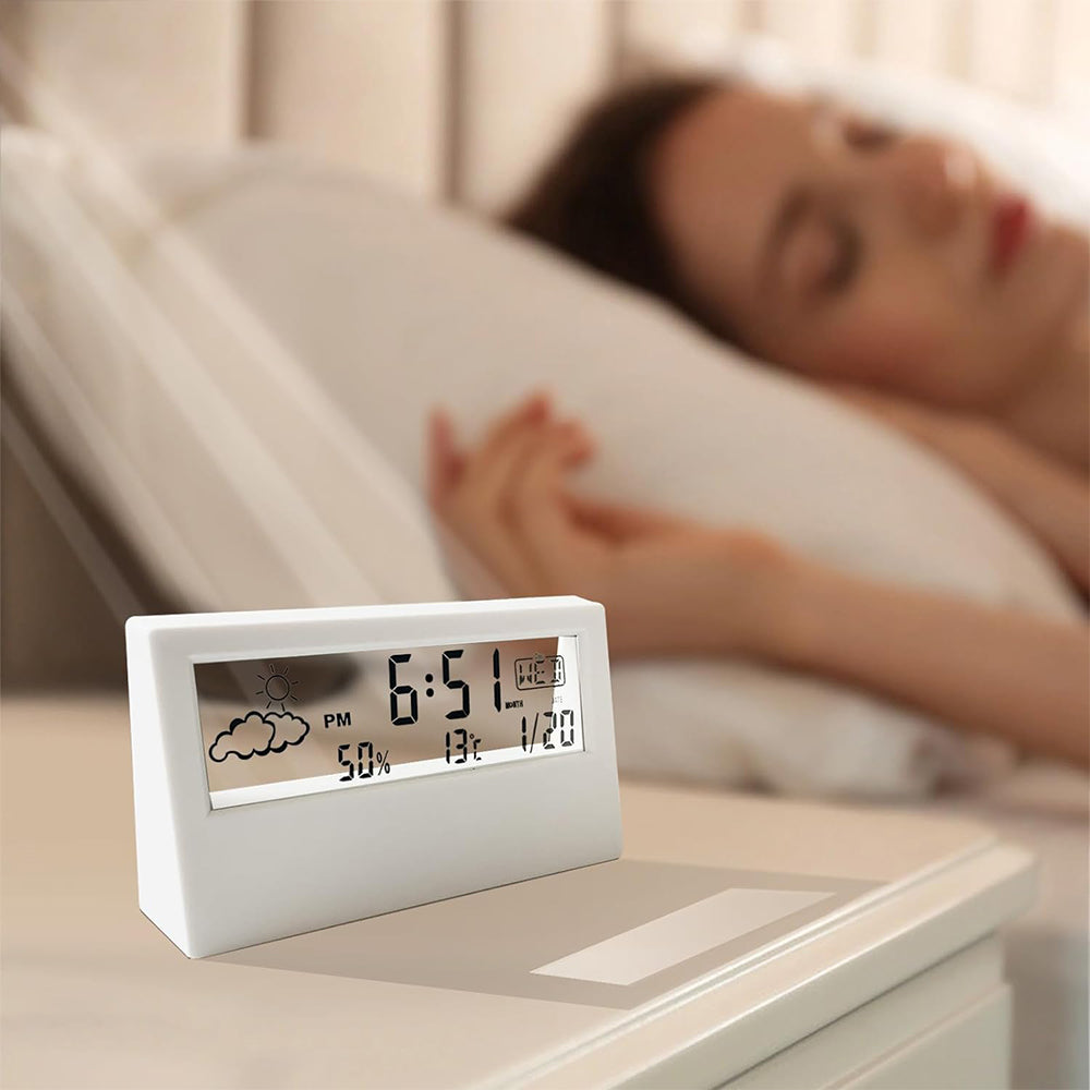 Digital Alarm Clock Multifunctional Desk Clock Temperature Humidity Date Weather Display Office Home Decor Transparent Style