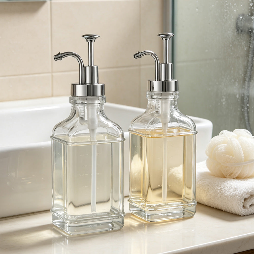 2 Pack 500ml Square Glass Syrup Soap Dispenser Bottles with Funnel - Silver