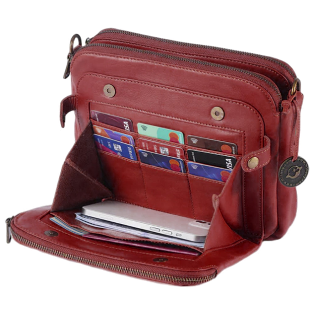 Women PU Leather Crossbody Bag Multifunctional Three Layer Purse Shoulder Bag Tote Red