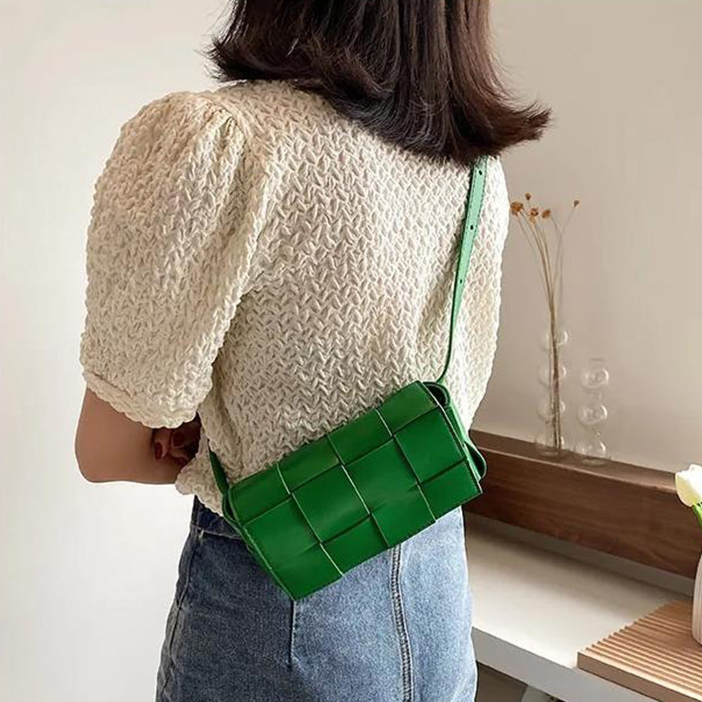 PU Leather Woven Style Crossbody Bag Small Shoulder Fanny Pack for Women Green