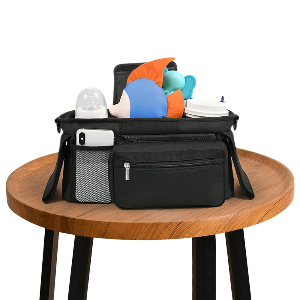 Universal Stroller Organizer with Cup Holder Travel Essential Caddy with Shoulder Strap Black