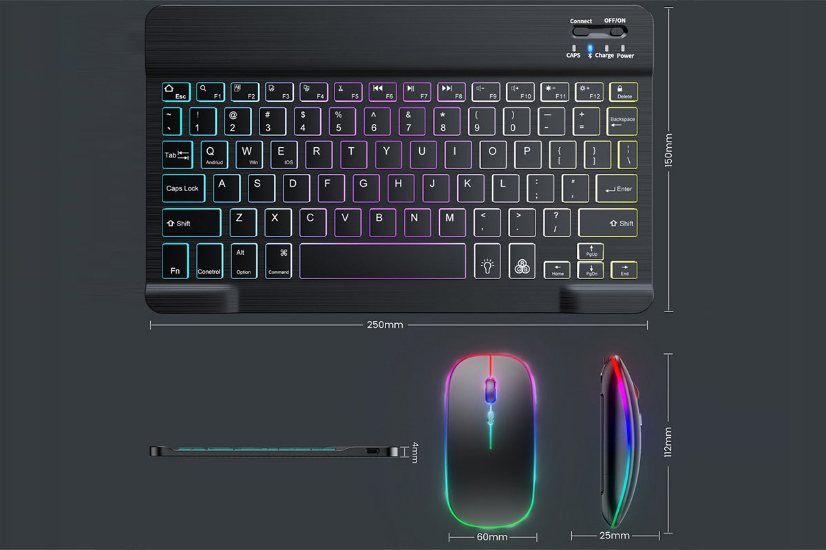 Ultra thin Bluetooth Keyboard and Mouse Combo for iPad Rechargeable RGB Wireless Keyboard Mouse 7-Color Backlit-Black